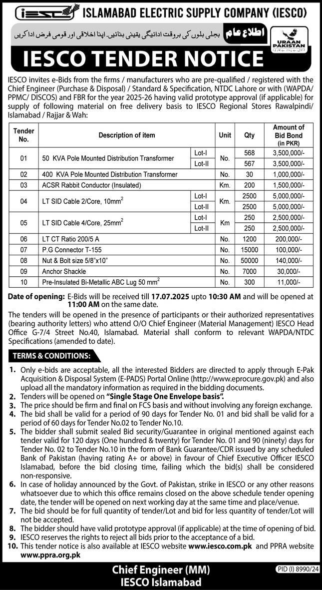 IESCO Islamabad Tender Notice